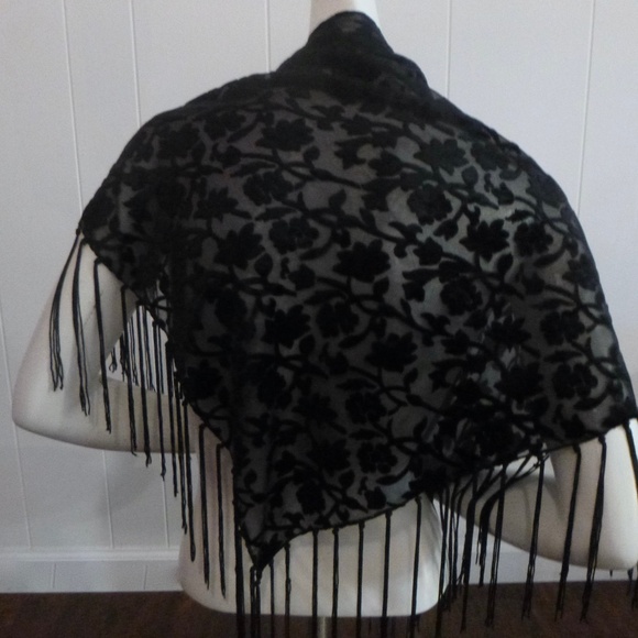 VINTAGE SCARF SHALL MANTILLA SHEER BLACK VELVET BURNOUT LONG FRINGE - Picture 1 of 13